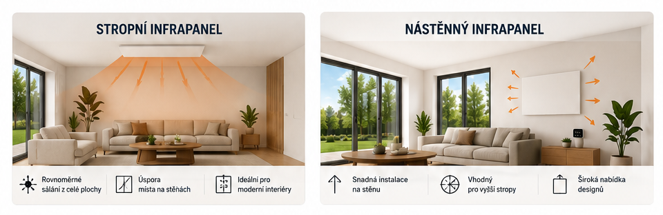 Stropní vs. nástěnný infrapanel